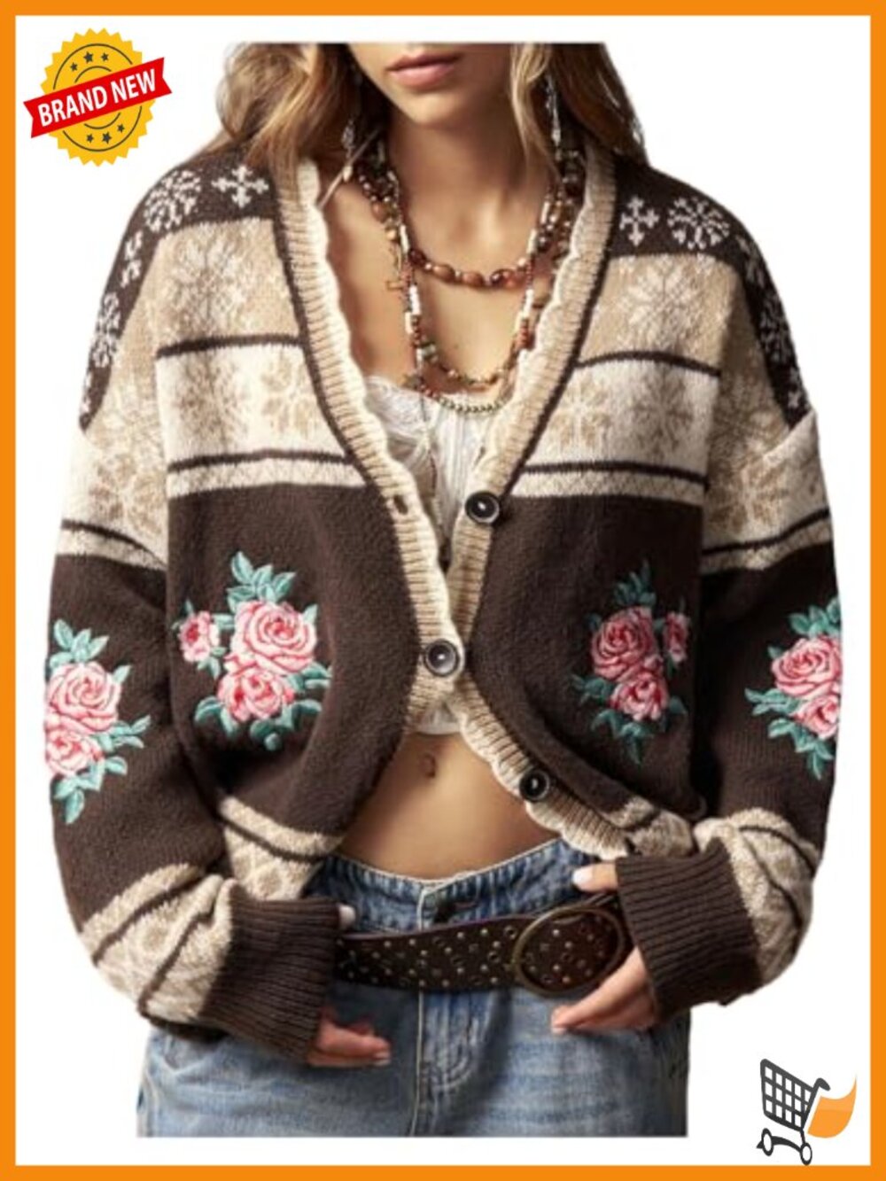 Floral Embroidered Fair Isle Oversized V-Neck Button Up Cardigan Sweater